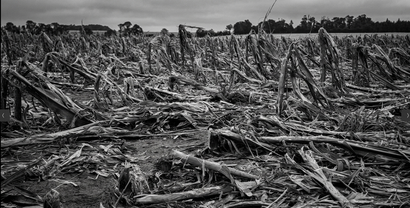 Champ de maïs dévasté par la grêle, mars 2025